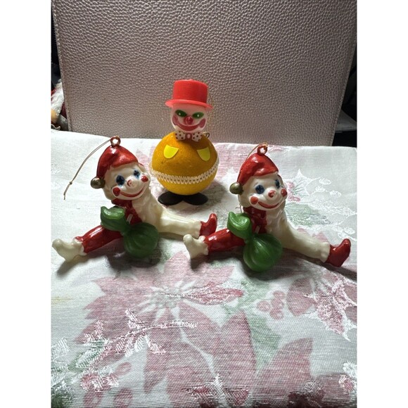 Vtg blow mold clown tree ornament / Felt Hong Kong Plastic 50s 60s - Picture 2 of 9